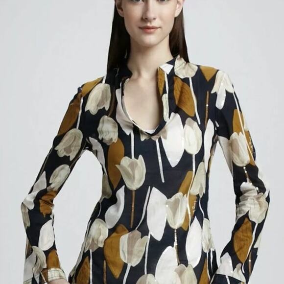 TORY BURCH Tulip Print Sequin Embellished Tunic Blouse Top Size 2 - Picture 2 of 10